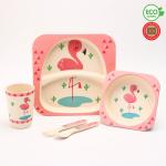 Набор детской бамбуковой посуды «Розовый фламинго», тарелка, миска, стакан, приборы, 5 предметов