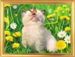 Котёнок с бабочкой на полянке одуванчиков и ромашек