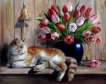 Белый с рыжим кот и букет тюльпанов