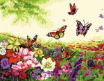 Яркие бабочки над поляной цветов