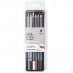 Набор чернографитных карандашей Winsor&Newton, (4В, 8В, белый мел, угольный, черный) в метал пенале, 490011