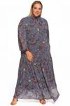Платье шифоновое, длинное, со стоечкой, присборенной юбкой и рукавом "фонарик", принт цветочный на графитовом