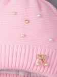 Шапка вязаная для девочки с бубоном на завязках, на отвороте бантик с бусинками, светло-розовый