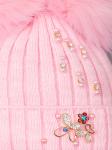Шапка вязаная для девочки с двумя помпонами на завязках, лапша, бусинки, брошь, светло-розовый