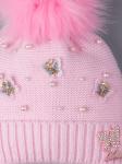 Шапка вязаная для девочки с помпоном на завязках, бабочки, бусинки, светло-розовый