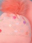 Набор:Шапка вязаная с помпоном+шарф, цветы из страз и бусин, на завязках, персиковый