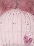 Шапка вязаная для девочки на завязках, два помпона, бусины, на отвороте корона, пастельно-розовый