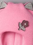 Шапка-шлем вязаная для девочки, с ушками, цветочек из страз, розовый