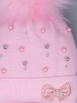 Шапка вязаная для девочки с помпоном на завязках, бусинки, на отвороте бант + шарф, светло-розовый