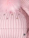 Шапка вязаная для девочки с помпоном, дождик из бусин и страз + снуд, бледно-розоватый