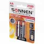 Батарейки аккумуляторные SONNEN, АА (HR06), Ni-Mh, 2100mAh, 2 шт, в блистере, 454234