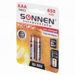 Батарейки аккумуляторные SONNEN, ААA (HR03), Ni-Mh, 650mAh, 2 шт, в блистере, 454236