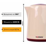 Чайник SONNEN KT-002, 1,7л, 2200Вт, закрытый нагревательный элемент, пластик, бежевый/красный,451711