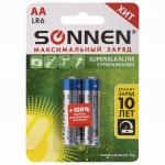 Батарейки КОМПЛЕКТ 2шт, SONNEN Super Alkaline, АА(LR6,15А), алкалиновые, пальчиковые, блистер,451093