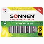 Батарейки КОМПЛЕКТ 10шт, SONNEN Super Alkaline, АА (LR06,15А), алкалиновые, пальчиковые,короб,454231