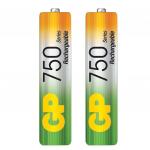 Батарейки аккумуляторные GP, AAA, Ni-Mh, 750mAh, КОМПЛЕКТ 2 шт, блистер, 75AAAHC-2DECRC2