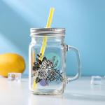 Банка с ручкой, крышкой и трубочкой Доляна «Цветочный букет», 450 мл, 10?7,5?13 см