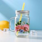 Банка с ручкой, крышкой и трубочкой Доляна «Пионы», 450 мл, 10?7,5?13 см