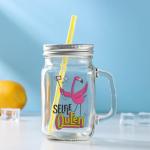 Банка с ручкой, крышкой и трубочкой Доляна «Королева фламинго», 450 мл, 10?7,5?13 см