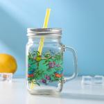 Банка с ручкой, крышкой и трубочкой Доляна «Пташки», 450 мл, 10?7,5?13 см