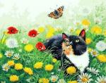 Кошечка и бабочка на весенней полянке одуванчиков