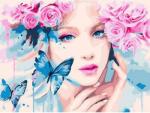 Девушка с розами и две синих бабочки