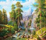 - Вид из леса на горный водопад