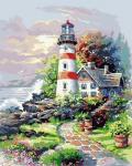 Домик с маяком на цветущем весеннем берегу