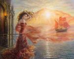 Девушка в красном платье на фоне корабля на море