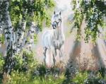 Белая лошадь под лучами солнца в березовой роще