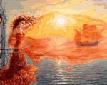 Женщина в красном платье над морем и корабль