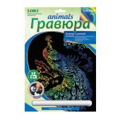 Гравюра с цветной основой "Грациозный павлин", 18х24 см, основа, штихель, LORI, Гр-431