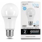 Лампа светодиодная GAUSS, 10(75)Вт, цоколь Е27,груша, холодный белый, 25000ч, LED A60-10W-6500-E27