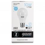 Лампа светодиодная GAUSS, 10(75)Вт, цоколь Е27,груша, холодный белый, 25000ч, LED A60-10W-6500-E27