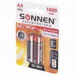 Батарейки аккумуляторные КОМПЛЕКТ 2шт, SONNEN, АА (HR6), Ni-Mh, 1600mAh, в блистере, 454233