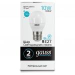 Лампа светодиодная GAUSS, 10(85)Вт, цоколь Е27, шар, нейтральный белый,25000ч,LED G45-10W-4100-E27