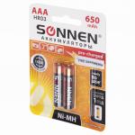 Батарейки аккумуляторные КОМПЛЕКТ 2шт, SONNEN, ААA (HR03), Ni-Mh, 650mAh, в блистере, 454236