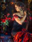Дама в черно-красном платье и розы