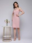 Платье-футляр розовое с отделкой фатином и короткими рукавами
