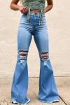 Голубые джинсы-клеш с высокой талией и разрезами на коленях