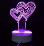3D ночник светильник , 7 цветов подсветки, пульт управления, "Сердечки"