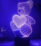 3D ночник светильник , 7 цветов подсветки, пульт управления, "Мишка с сердцем"