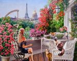 Девушка с котами на цветущей  террасе Парижа