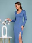 Платье-футляр синее длины миди с длинными рукавами