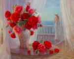 Букет ярких роз и девушка на балконе