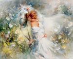 Девушка в цветах с белой лошадью