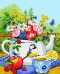 Синичка на чашке чая с лимоном и цветы