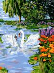 Два белых лебедя на озере среди цветов