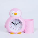 Будильник "Пингвинёнок", с карандашницей, дискретный ход, d=6  см, 12 х 14.5  см, розовый