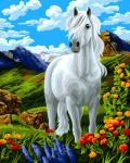 Белый конь на горных цветочных полянах